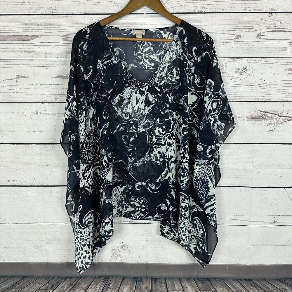 Chicos Shirt Top Womens Large Blue Floral Costal Semi Sheer Light Beach Boxy